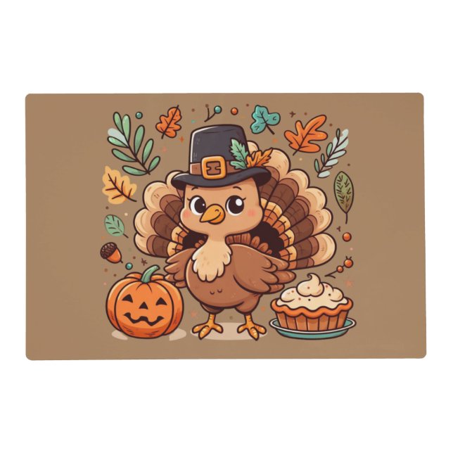 Cute Cartoon Thanksgiving turkey and pumpkin Placemat (Front)