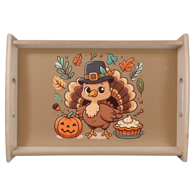 Cute Cartoon Thanksgiving turkey and pumpkin Serving Tray (Front)
