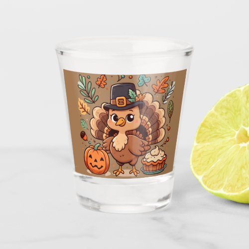 Cute Cartoon Thanksgiving turkey and pumpkin Shot Glass