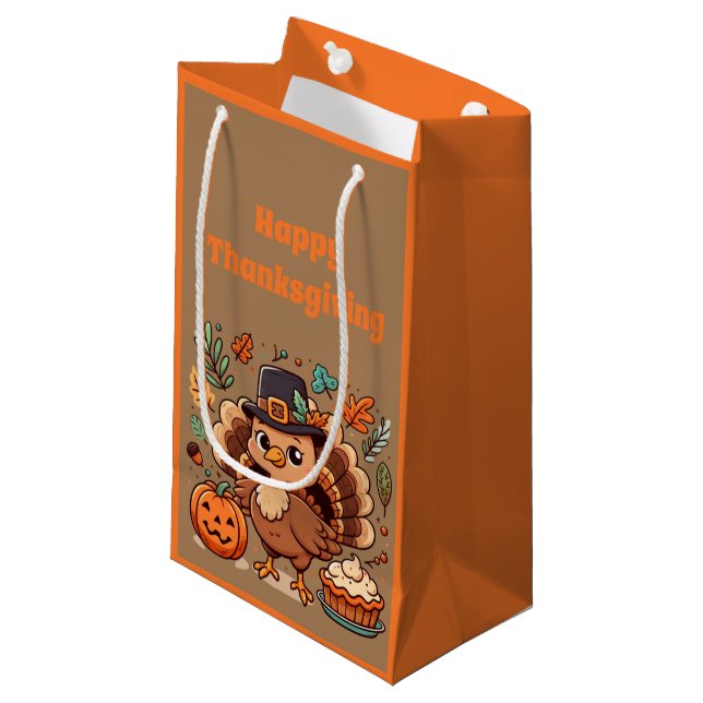 Cute Cartoon Thanksgiving turkey and pumpkin Small Gift Bag (Front Angled)