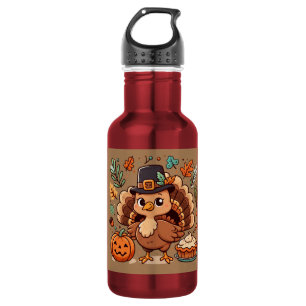 Cute Cartoon Thanksgiving turkey and pumpkin Stainless Steel Water Bottle