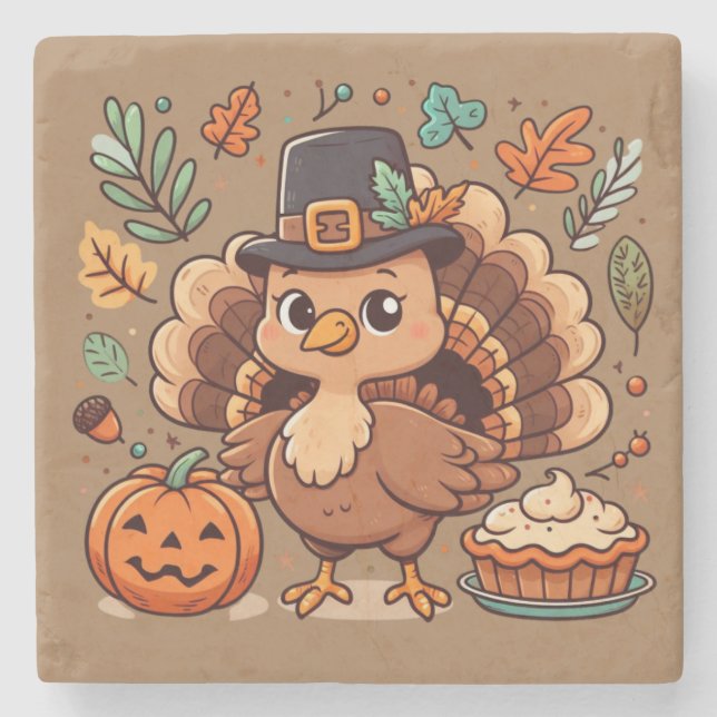 Cute Cartoon Thanksgiving turkey and pumpkin Stone Coaster (Front)