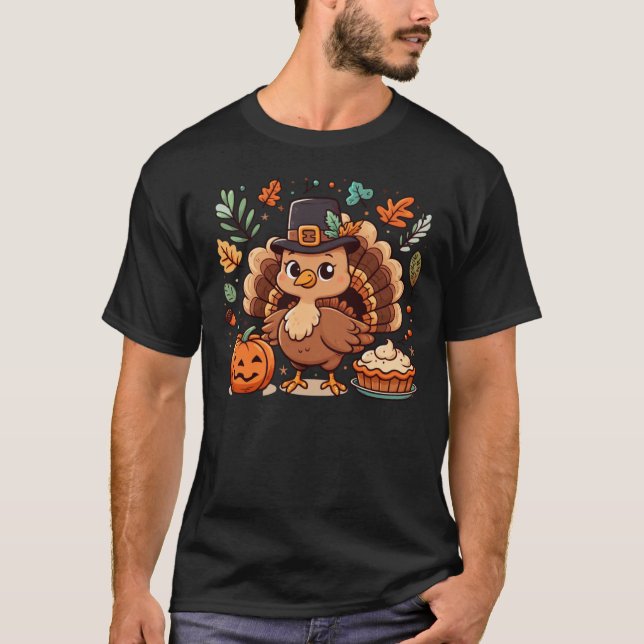 Cute Cartoon Thanksgiving turkey and pumpkin T-Shirt (Front)