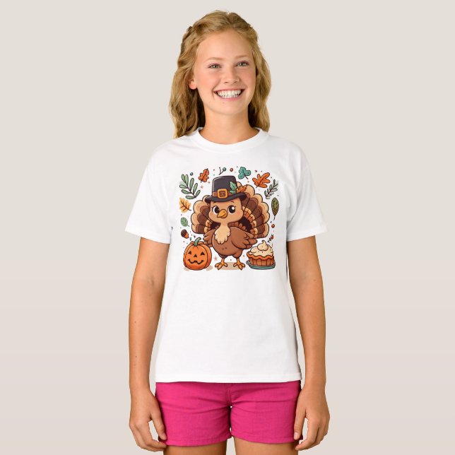Cute Cartoon Thanksgiving turkey and pumpkin T-Shirt (Front Full)
