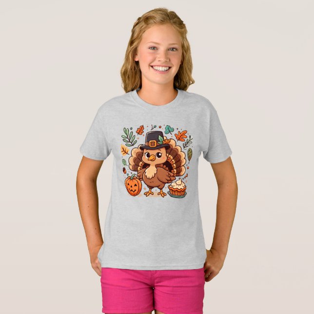 Cute Cartoon Thanksgiving turkey and pumpkin T-Shirt (Front Full)