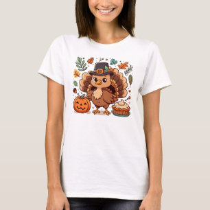 Cute Cartoon Thanksgiving turkey and pumpkin T-Shirt