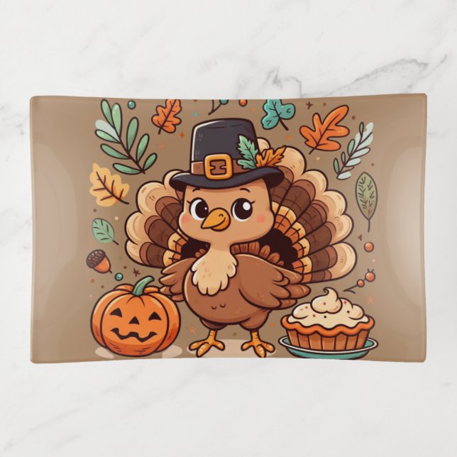 Cute Cartoon Thanksgiving turkey and pumpkin Trinket Tray (Front)