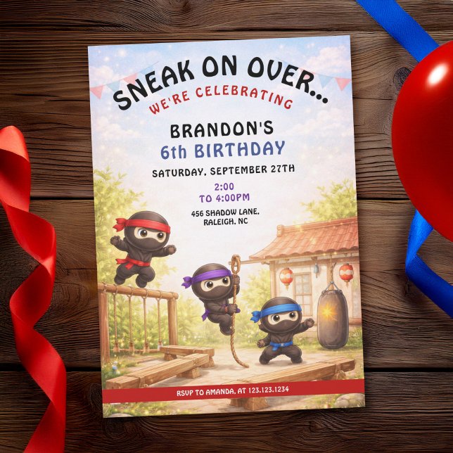 Cute Cartoon Three Training Ninjas Kids Birthday Invitation (Creator Uploaded)