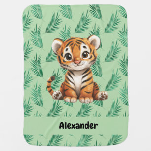 Cute Cartoon Tiger on Tropical Leaves Baby Blanket