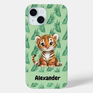 Cute Cartoon Tiger on Tropical Leaves