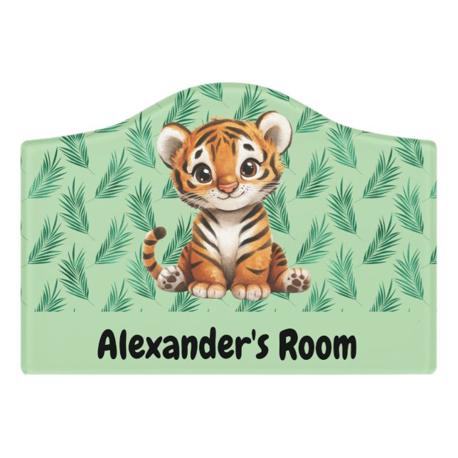 Cute Cartoon Tiger on Tropical Leaves Door Sign (Small Crest Front)
