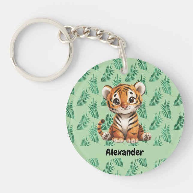 Cute Cartoon Tiger on Tropical Leaves Keychain (Front)