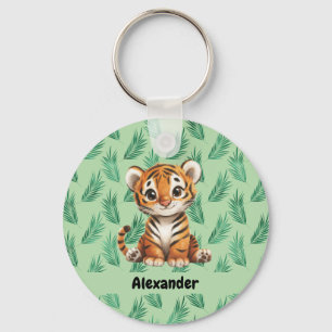 Cute Cartoon Tiger on Tropical Leaves Keychain