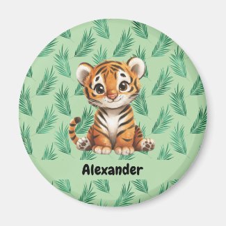 Cute Cartoon Tiger on Tropical Leaves