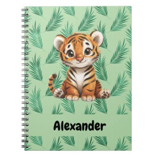 Cute Cartoon Tiger on Tropical Leaves