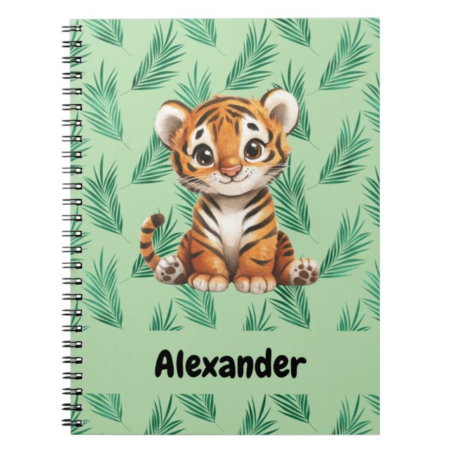 Cute Cartoon Tiger on Tropical Leaves Notebook (Front)