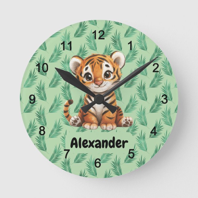 Cute Cartoon Tiger on Tropical Leaves Round Clock (Front)
