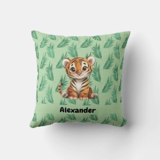 Cute Cartoon Tiger on Tropical Leaves