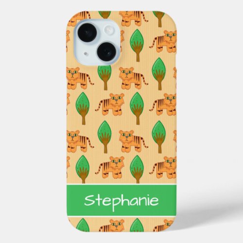 Cute Cartoon Tiger Pattern Personalised iPhone 15 Case