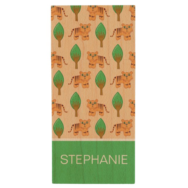 Cute Cartoon Tiger Pattern Personalised Wood Flash Drive (Front Vertical)