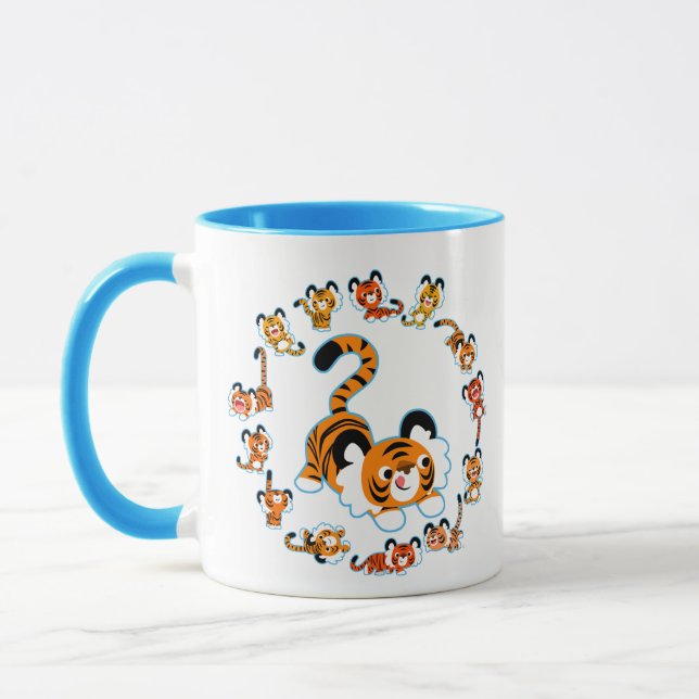 Cute Cartoon Tigers Mandala (Blue) Mug (Left)
