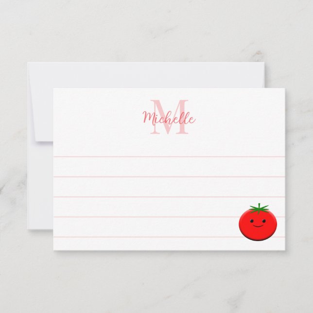 Cute Cartoon Tomato Custom Lined Monogram Note Card (Front)