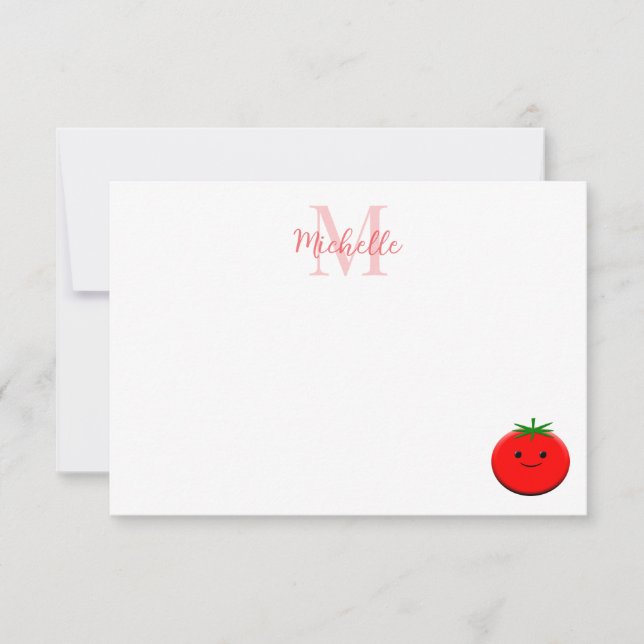 Cute Cartoon Tomato Custom Monogram Note Card (Front)
