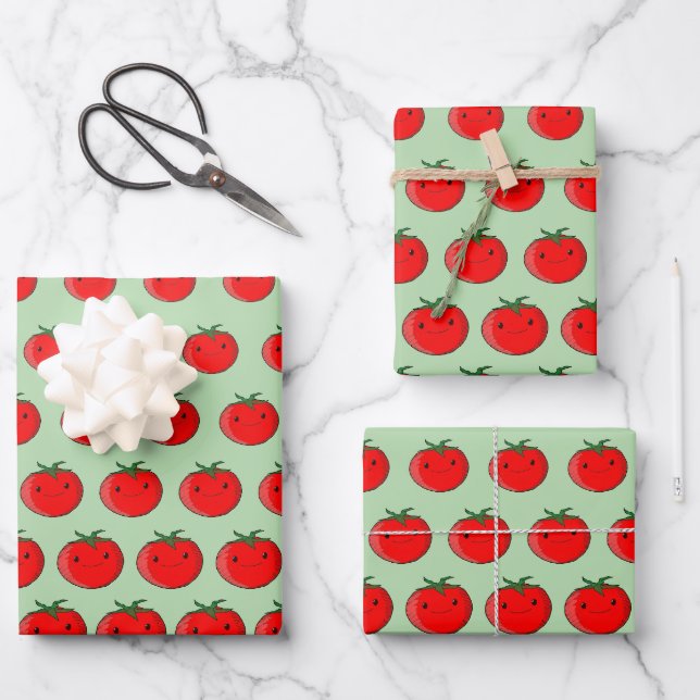 Cute Cartoon Tomato Pattern Green Wrapping Paper Sheets (Front)