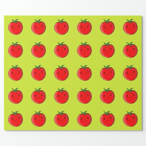 Cute Cartoon Tomato Pattern On Green Wrapping Paper