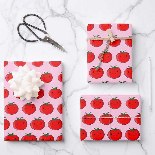 Cute Cartoon Tomato Pattern Pink Wrapping Paper Sheets (Front)