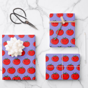 Cute Cartoon Tomato Pattern Purple Wrapping Paper Sheets
