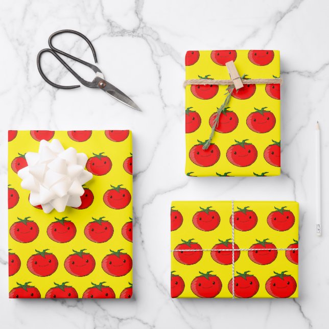 Cute Cartoon Tomato Pattern Yellow Wrapping Paper Sheets (Front)