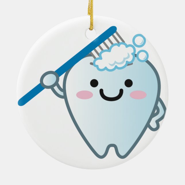 Cute Cartoon Tooth Brushing with Toothbrush Smile Ceramic Ornament (Back)