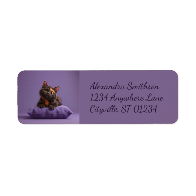 Cute Cartoon Tortoiseshell Kitten on Purple Cushio Label (Front)