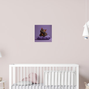 Cute Cartoon Tortoiseshell Kitten on Purple Cushio Poster