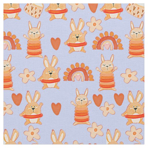 Cute Cartoon Toy Rabbit Bunnies & Rainbow on Blue Fabric