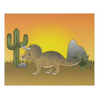 Cute Cartoon Triceratops Dinosaur In Sunset Desert Faux Canvas Print