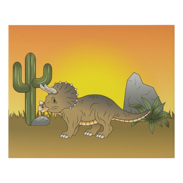 Cute Cartoon Triceratops Dinosaur In Sunset Desert Faux Canvas Print (Front)
