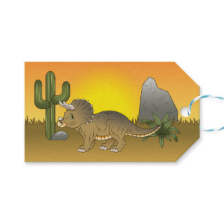 Cute Cartoon Triceratops Dinosaur In Sunset Desert Gift Tags