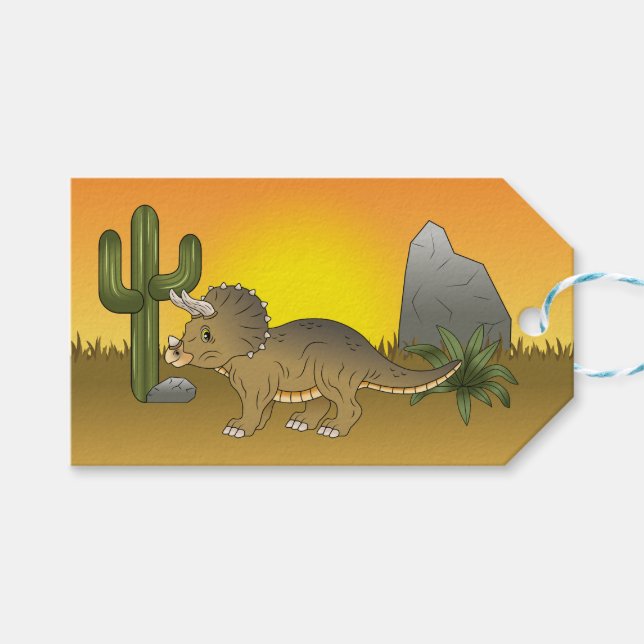 Cute Cartoon Triceratops Dinosaur In Sunset Desert Gift Tags (Front (Horizontal))