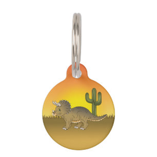 Cute Cartoon Triceratops Dinosaur In Sunset Desert Pet ID Tag