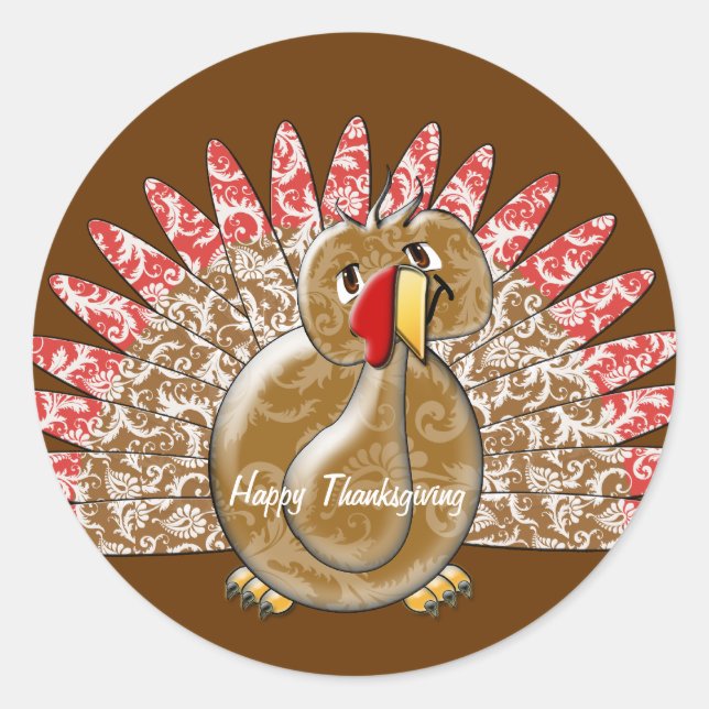 Cute Cartoon Turkey Damask Pattern Classic Round Sticker (Front)