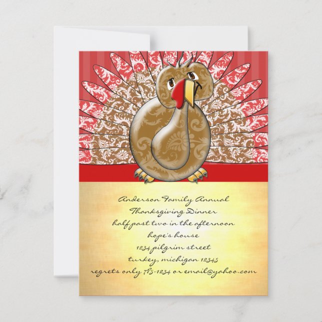Cute Cartoon Turkey Damask Pattern Invitation (Front)