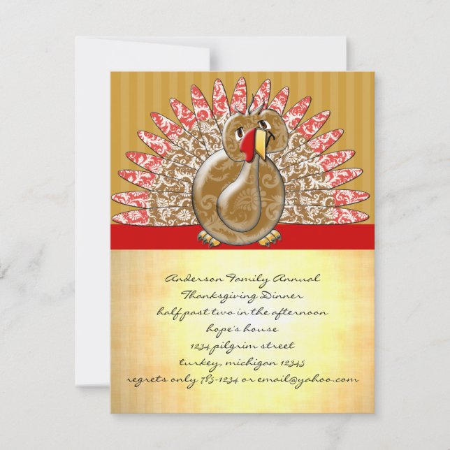 Cute Cartoon Turkey Damask Pattern Invitation (Front)