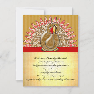 Cute Cartoon Turkey Damask Pattern Invitation