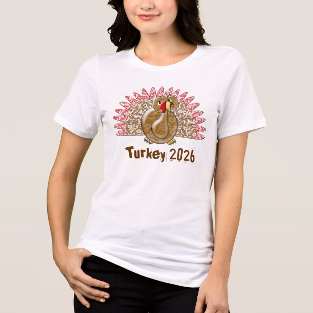 Cute Cartoon Turkey Damask Pattern Tri-Blend Shirt (Front)