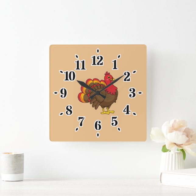Cute Cartoon Turkey Square Wall Clock (Home)