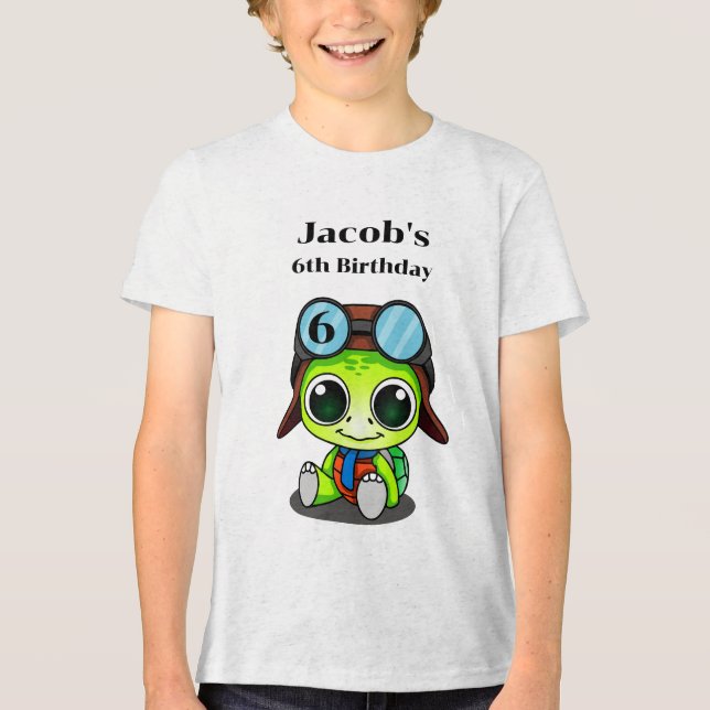 Cute Cartoon Turtle in Aviator Hat Birthday Tri-Blend Shirt (Front)