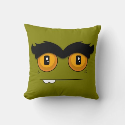 Cute Cartoon Unibrow Monster Face in Olive Green Throw Pillow