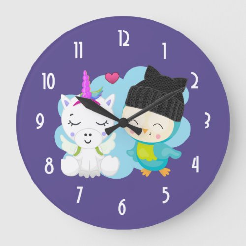 Cute Cartoon Unicorn  Bird Pals Large Clock